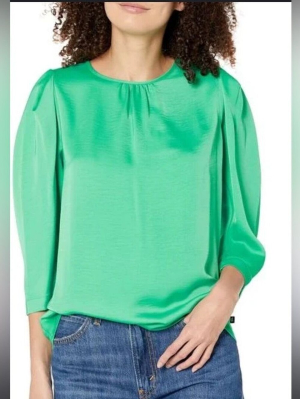 KARL LAGERFELD PARIS Gathered Neck Kelly Emerald Green Satin Blouse | SZ L